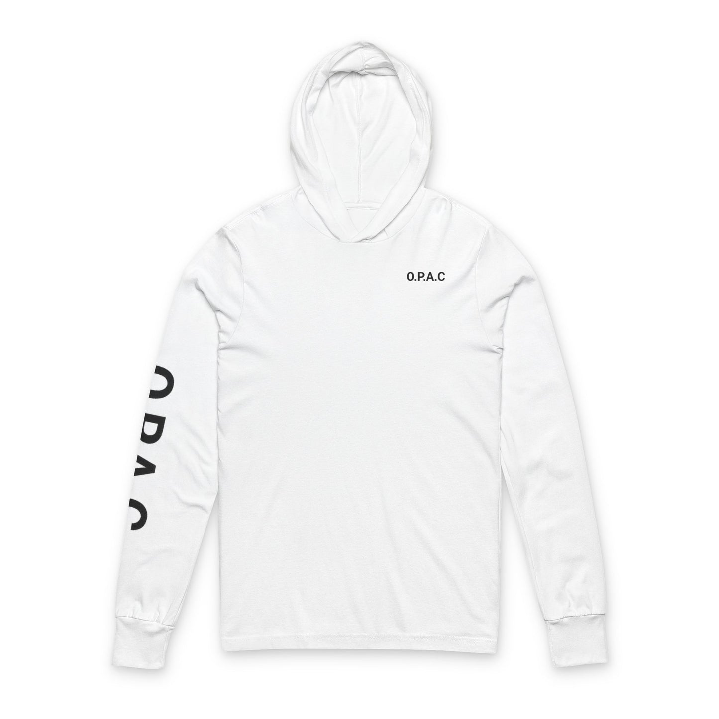 O.P.A.C. Black-Lettered Text Advocacy Graphic Hooded Long Black-Lettered Text Sleeve Tee, Prisoner Rights Awareness