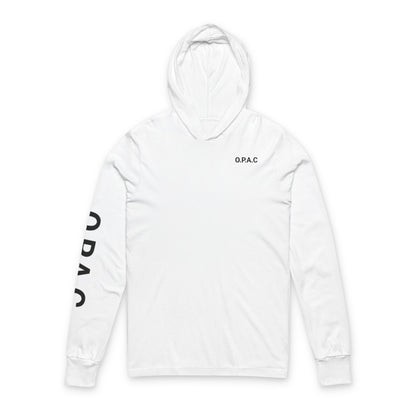 O.P.A.C. Black-Lettered Text Advocacy Graphic Hooded Long Black-Lettered Text Sleeve Tee, Prisoner Rights Awareness