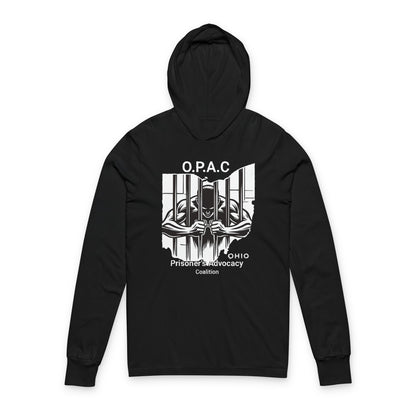 O.P.A.C. Advocacy WHITE Graphic Hooded Long Sleeve Tee, Prisoner Rights Awareness
