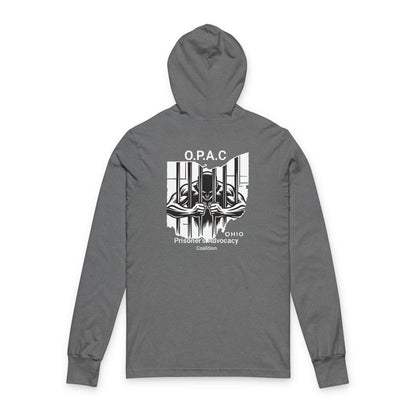 O.P.A.C. White-Lettered Text BIG Advocacy WHITE Graphic (on back) Hooded Long Sleeve Tee, Prisoner Rights Awareness