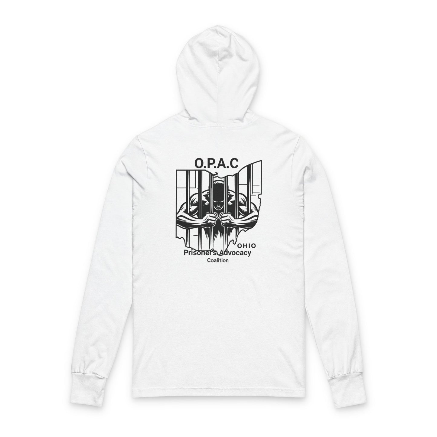 O.P.A.C. Black-Lettered Text BIG Advocacy Graphic (on back) Hooded Long Sleeve Tee, Prisoner Rights Awareness