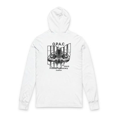 O.P.A.C. Black-Lettered Text BIG Advocacy Graphic (on back) Hooded Long Sleeve Tee, Prisoner Rights Awareness