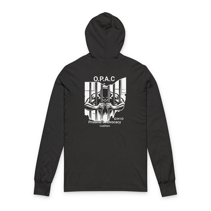 O.P.A.C. White-Lettered Text BIG Advocacy WHITE Graphic (on back) Hooded Long Sleeve Tee, Prisoner Rights Awareness