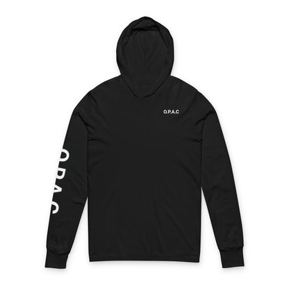 O.P.A.C. White-Lettered Text Advocacy Graphic Hooded Long White-Lettered Text Sleeve Tee, Prisoner Rights Awareness