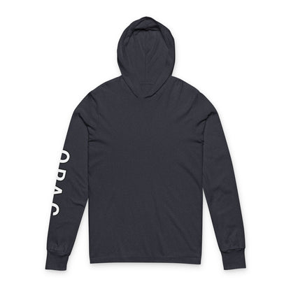 O.P.A.C. Bare-Chested BIG Advocacy Graphic (on back) Hooded Long White-Lettered Text Sleeve Tee, Prisoner Rights Awareness,