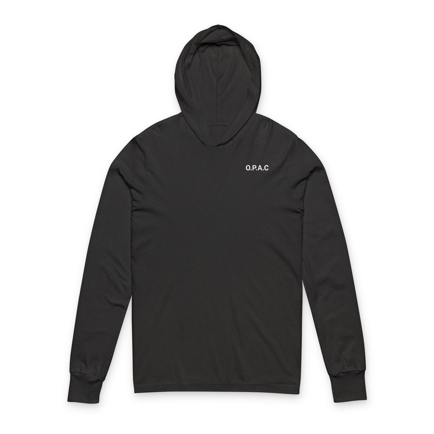 O.P.A.C. White-Lettered Text Advocacy Outer Neck Graphic Hooded Long Sleeve Tee, Prisoner Rights Awareness, Unisex