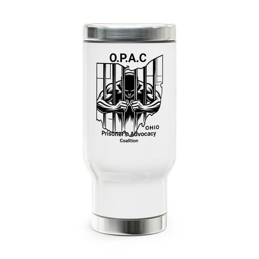 O.P.A.C. Advocacy Travel Mug – Stainless Steel Coffee Cup, Prisoner's Rights Support, Gift for Activists, Eco-Friendly Mug, Fundraising Merchandise