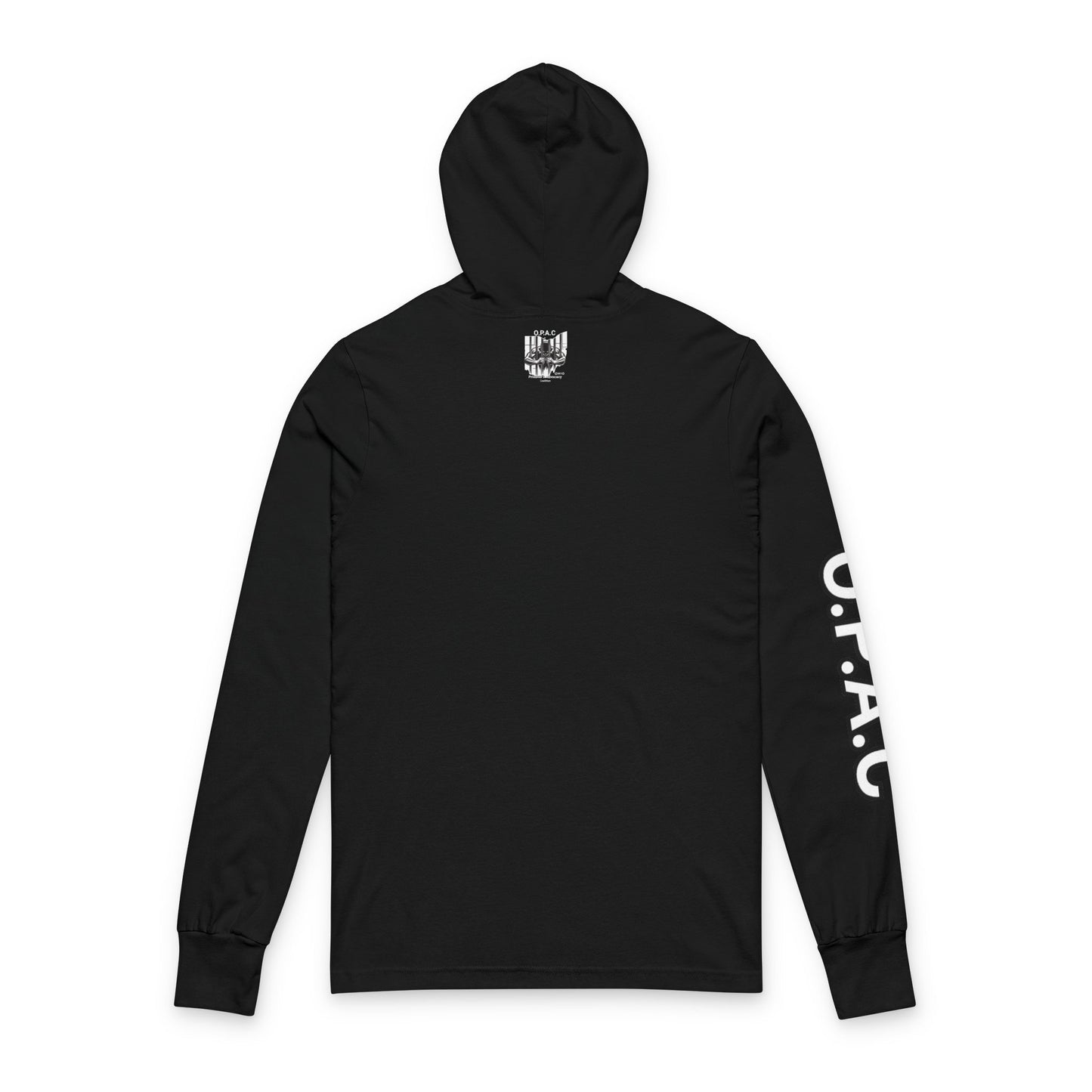 O.P.A.C. White-Lettered Text Advocacy Graphic Hooded Long White-Lettered Text Sleeve Tee, Prisoner Rights Awareness
