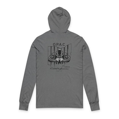 O.P.A.C. Black-Lettered Text BIG Advocacy Graphic (on back) Hooded Long Sleeve Tee, Prisoner Rights Awareness