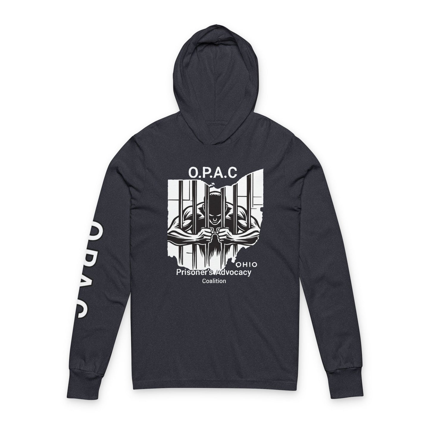 O.P.A.C. Unisex Advocacy White Graphic Hooded Long White-Lettered Text Sleeve Tee, Prisoner Rights Awareness