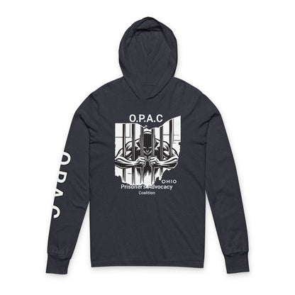 O.P.A.C. Unisex Advocacy White Graphic Hooded Long White-Lettered Text Sleeve Tee, Prisoner Rights Awareness