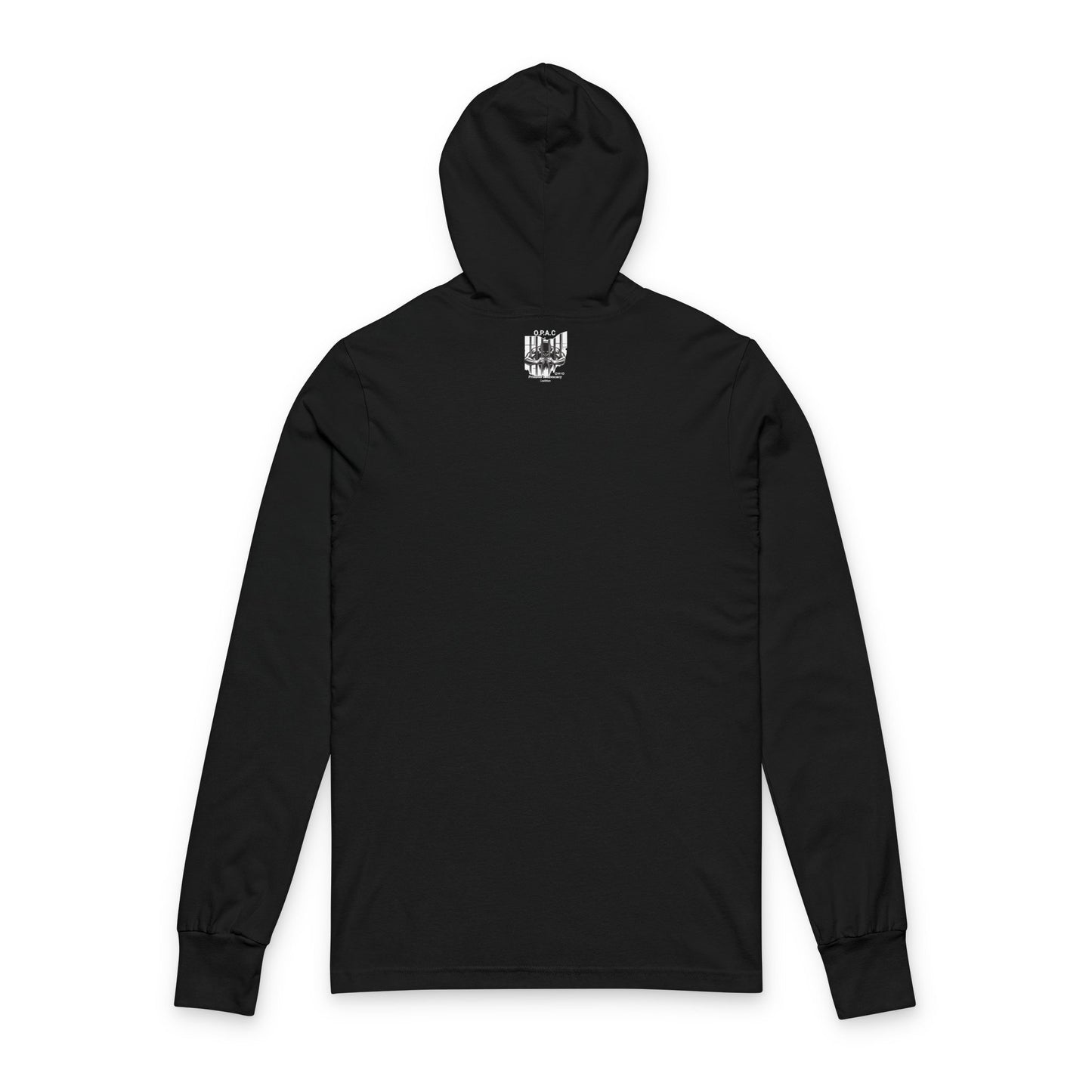 O.P.A.C. White-Lettered Text Advocacy Outer Neck Graphic Hooded Long Sleeve Tee, Prisoner Rights Awareness, Unisex