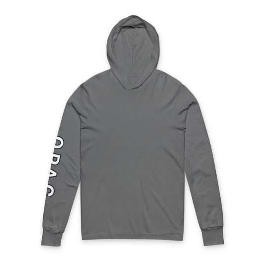 O.P.A.C. Bare-Chested BIG Advocacy Graphic (on back) Hooded Long White-Lettered Text Sleeve Tee, Prisoner Rights Awareness,